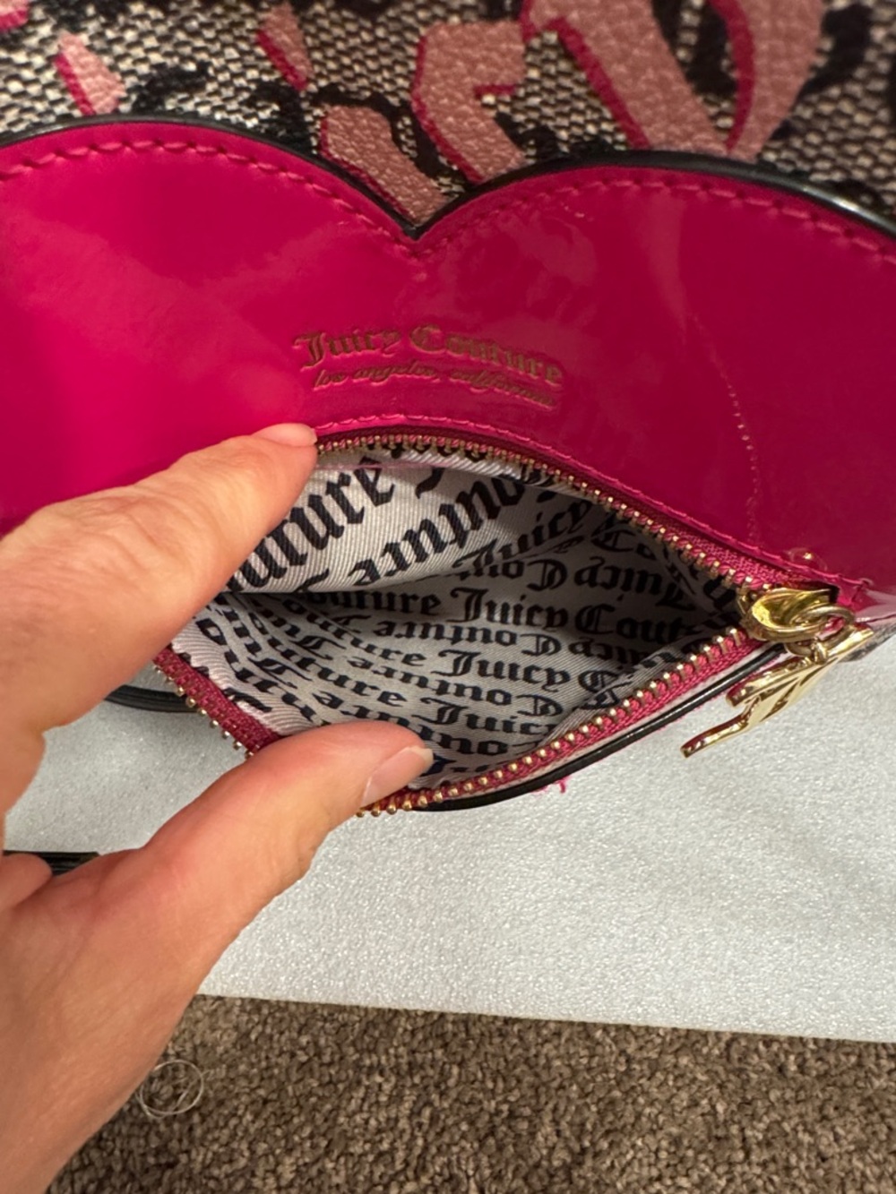 EUC Juicy Couture "Whole Lotta Love" dark pink leather heart crossbody bag - Picture 2 of 7